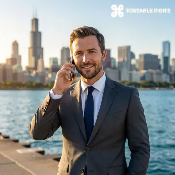 Professional using smartphone with Chicago skyline and Willis Tower in background, representing virtual phone service