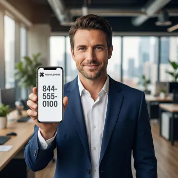 Professional using smartphone with 844 toll-free number displayed