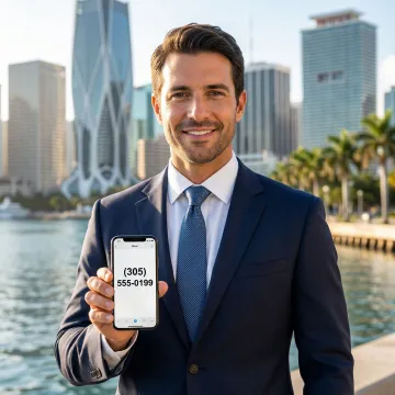 Professional using smartphone with Miami skyline in background representing virtual phone service