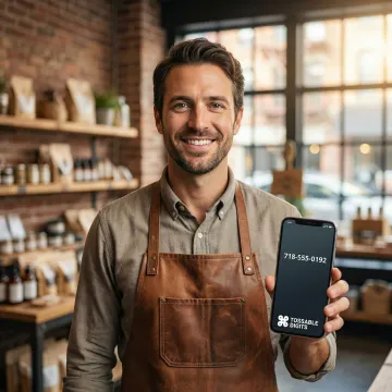 Business owner activating 718 vanity phone number on mobile device