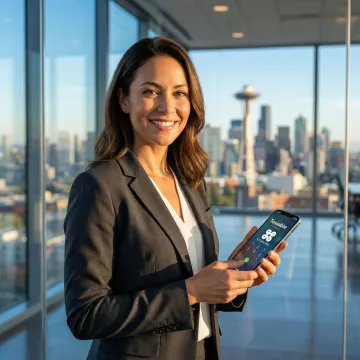 Seattle skyline with Space Needle and business professional using virtual phone system on smartphone