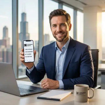 Illinois business professional using smartphone with vanity phone number display