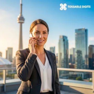 Professional business person using smartphone with Toronto skyline and CN Tower in background