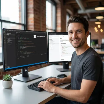 Developer coding SMS API integration on dual monitors