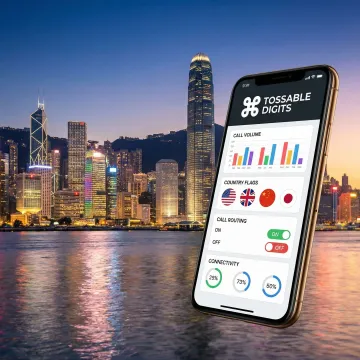 Hong Kong city skyline with a virtual phone number interface overlay