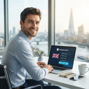 Person activating a UK virtual phone number on a laptop with a British flag visible
