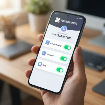 Smartphone displaying an active UK virtual phone number with call forwarding enabled