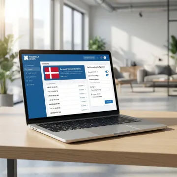 Denmark virtual phone number provider dashboard showing international number selection and call forwarding setup