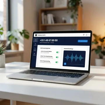 Laptop screen showing a French virtual phone number dashboard with call forwarding settings