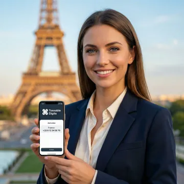 Person using a smartphone to activate a French virtual phone number online