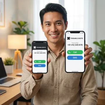Person using a smartphone to manage an Australian virtual phone number with voice and SMS