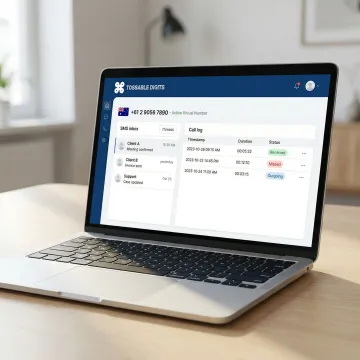 Australian virtual phone number dashboard showing voice and SMS features on a laptop screen