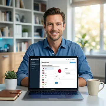 Person managing Japan virtual phone number calls on laptop from remote location