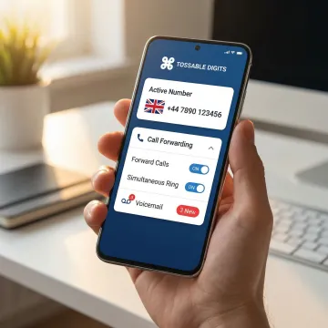 Virtual UK phone number active on a smartphone with call forwarding enabled