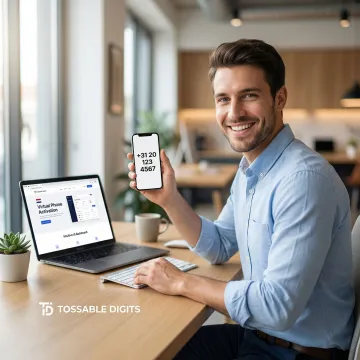 Person using a smartphone to activate a Netherlands virtual phone number online
