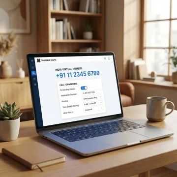 Virtual phone number service interface showing an India number active on a laptop