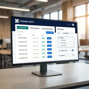 Virtual phone number dashboard showing local, toll-free, and international number options for a business