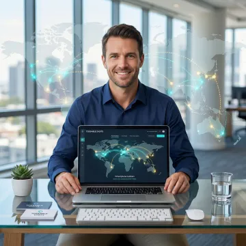Professional using a virtual global phone number on a laptop with a world map in the background
