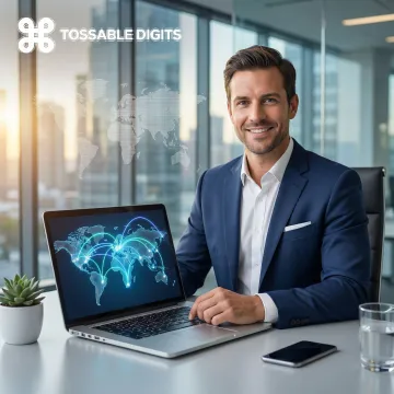 Business professional managing international phone calls on a laptop with a world map in the background