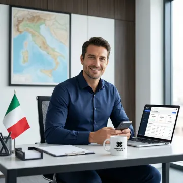 Person using a virtual Italian phone number on a laptop and mobile phone simultaneously