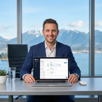 Professional managing Vancouver virtual phone number on laptop with city view