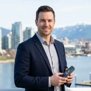 Virtual phone number service for Vancouver, Canada with smartphone and city skyline
