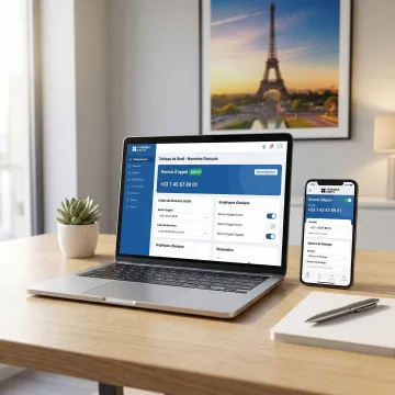 Virtual French phone number displayed on laptop and smartphone for business use