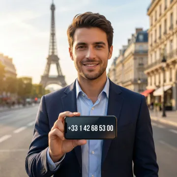 Person using a smartphone with a French virtual phone number active on screen
