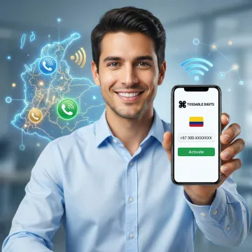 Colombia virtual phone number setup on a smartphone with a map of Colombia in the background