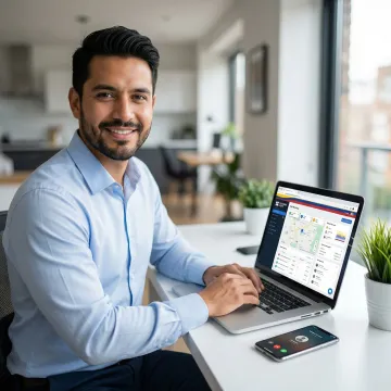 Professional using a Colombia virtual phone number on a laptop and smartphone simultaneously
