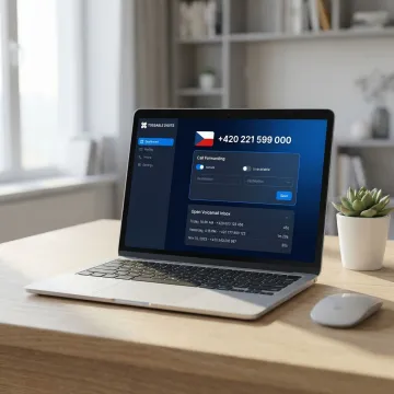 Virtual phone number dashboard showing a Czech Republic number with call forwarding active