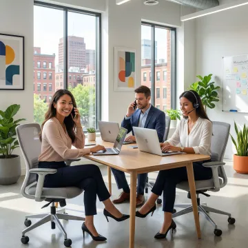 Small business team in Massachusetts office using VoIP phone system on mobile devices