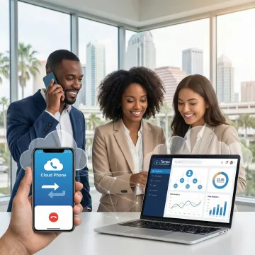 Business team collaborating with virtual phone system on multiple devices