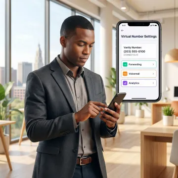Business owner activating 203 area code vanity phone number on mobile device dashboard