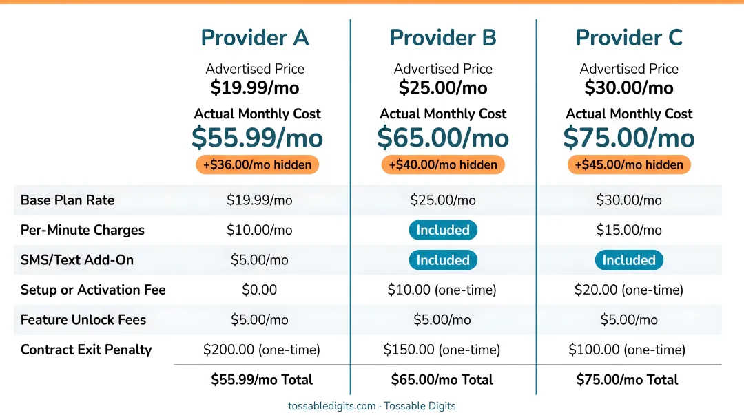 Hidden costs comparison of three 800 number providers advertised versus actual monthly pricing
