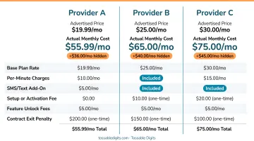 Hidden costs comparison of three 800 number providers advertised versus actual monthly pricing