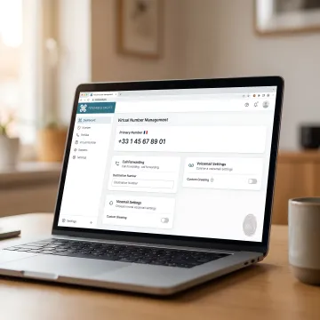 Laptop screen showing a French virtual phone number dashboard with call forwarding settings