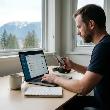 Professional managing Vancouver virtual phone number on laptop with city view