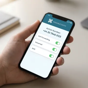 Smartphone displaying an active UK virtual phone number with call forwarding enabled
