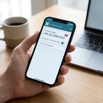 Virtual UK phone number active on a smartphone with call forwarding enabled