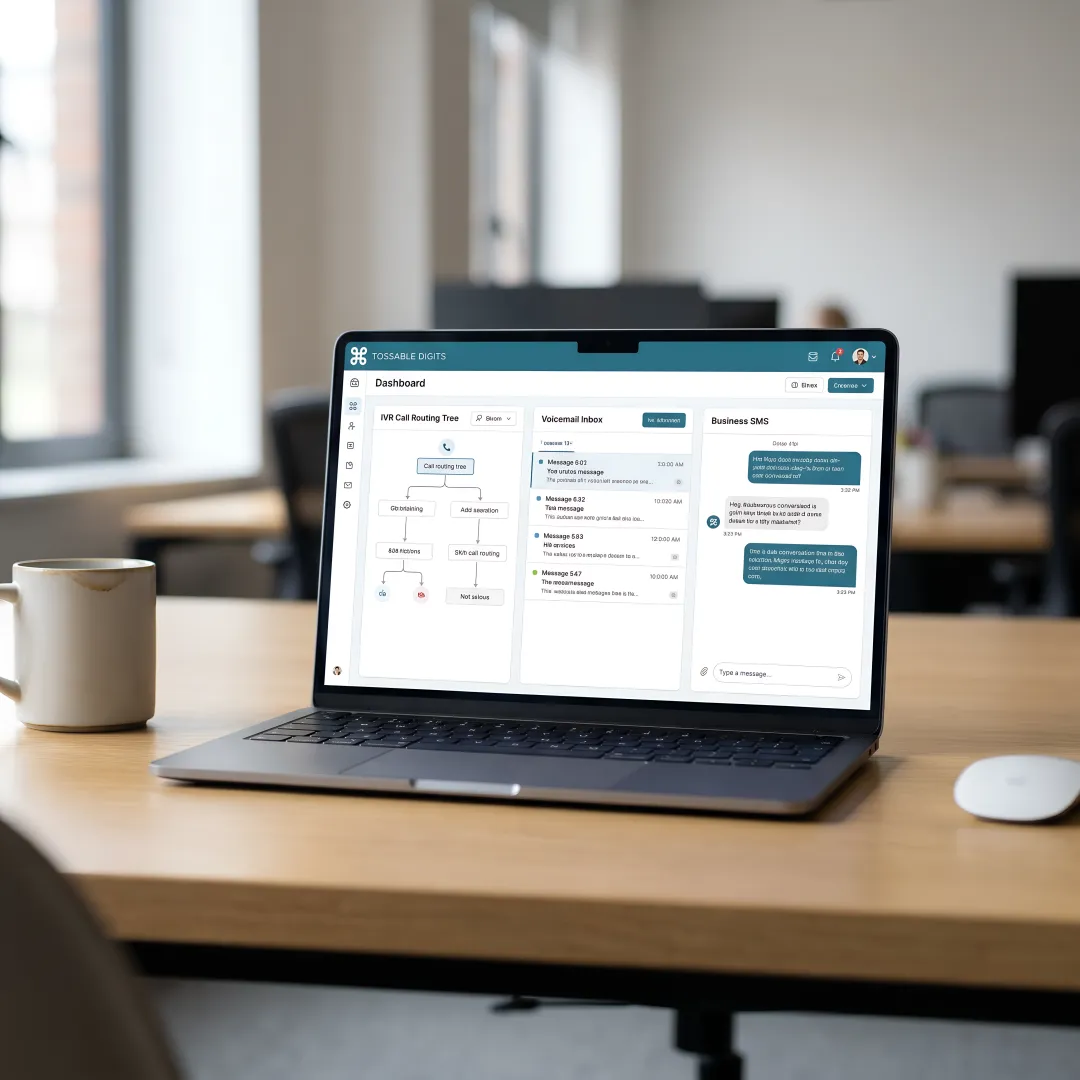 Virtual business phone system dashboard showing call routing and voicemail features
