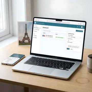 Virtual French phone number displayed on laptop and smartphone for business use