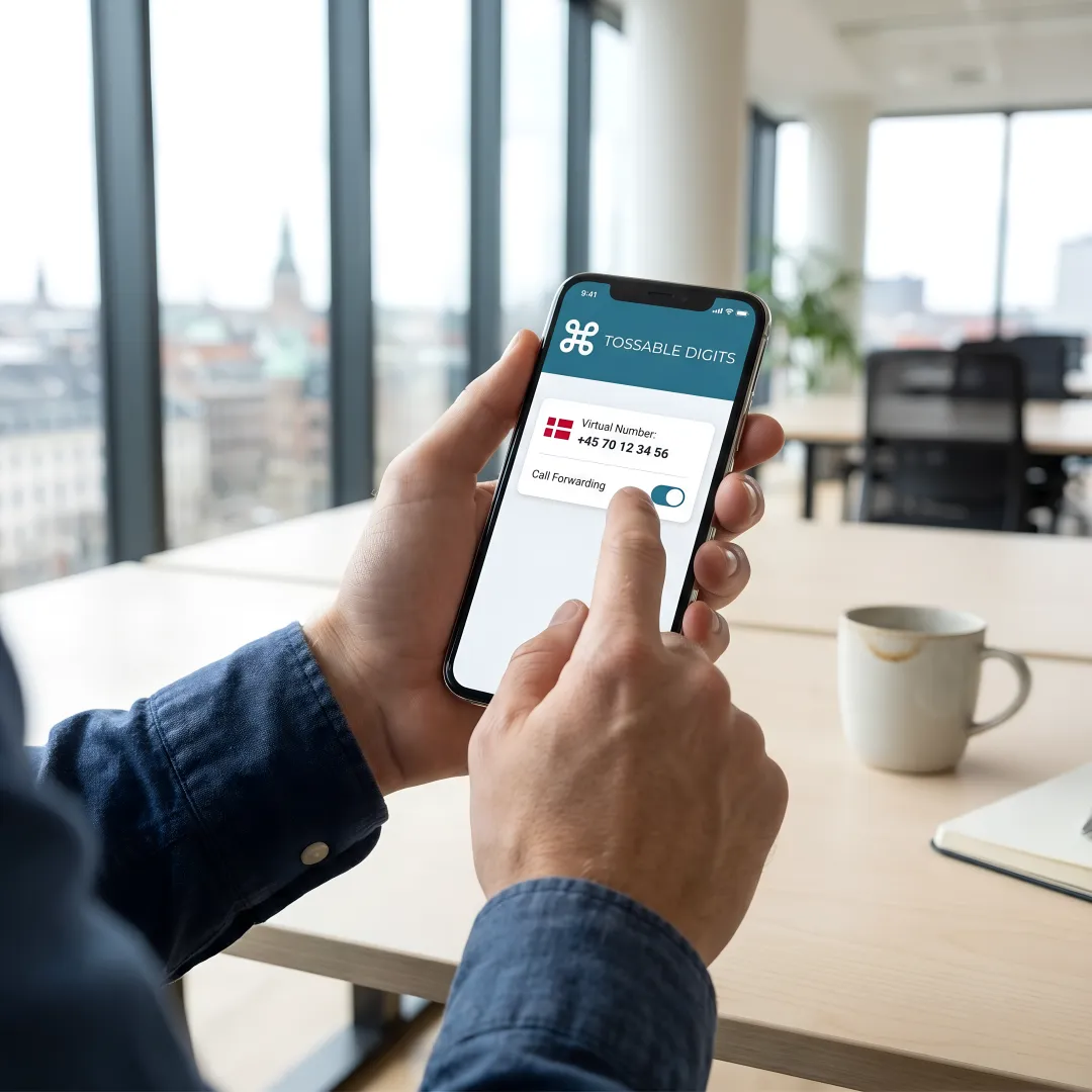 Professional using a Denmark virtual phone number on a smartphone to manage international business calls