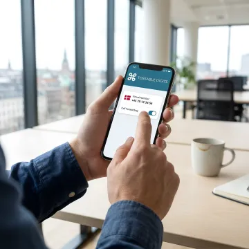 Professional using a Denmark virtual phone number on a smartphone to manage international business calls