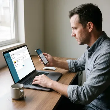 Professional using a Colombia virtual phone number on a laptop and smartphone simultaneously