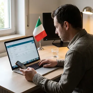 Person using a virtual Italian phone number on a laptop and mobile phone simultaneously