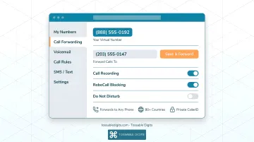 Tossable Digits virtual phone number app dashboard managing call forwarding settings