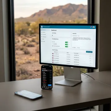 Split-screen showing New Mexico landscape and modern business dashboard interface