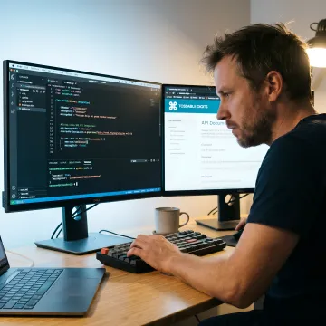 Developer implementing SMS API integration with code editor and testing console