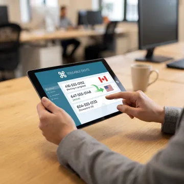 Business professional using smartphone with Canadian flag and global connectivity icons